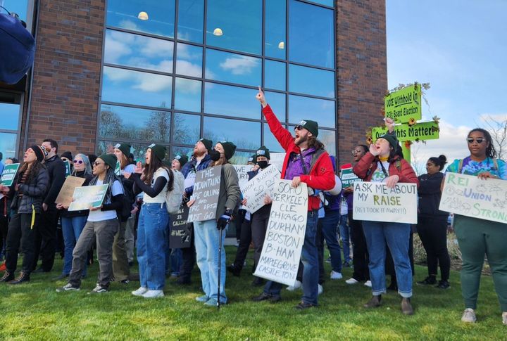 REI workers outside the company's corporate office in Issaquah, Washington, last week.