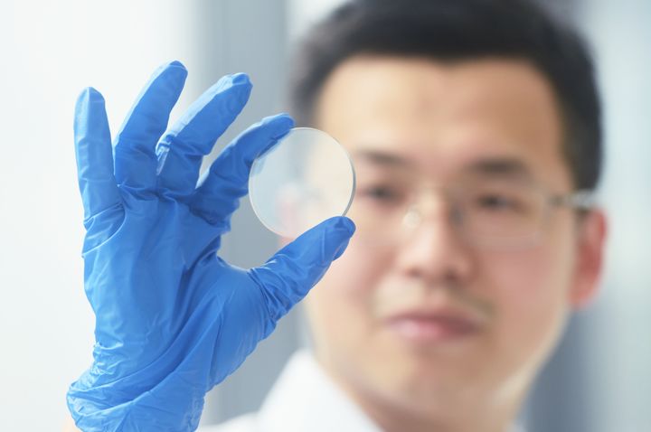 A 2-inch diameter gallium oxide wafer is pictured at the Hangzhou International Science and Innovation Center of Zhejiang University in Hangzhou, China, May 30, 2022.