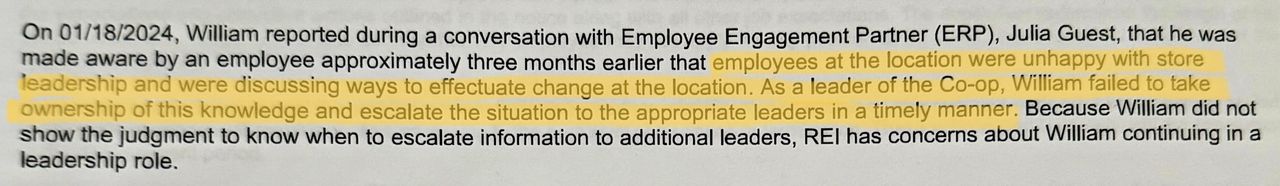In the letter explaining his termination, REI accused Littig of waiting "three months" to tell the company he'd heard workers might be attending union meetings. The company later confirmed he waited just one week, but stood by the firing.