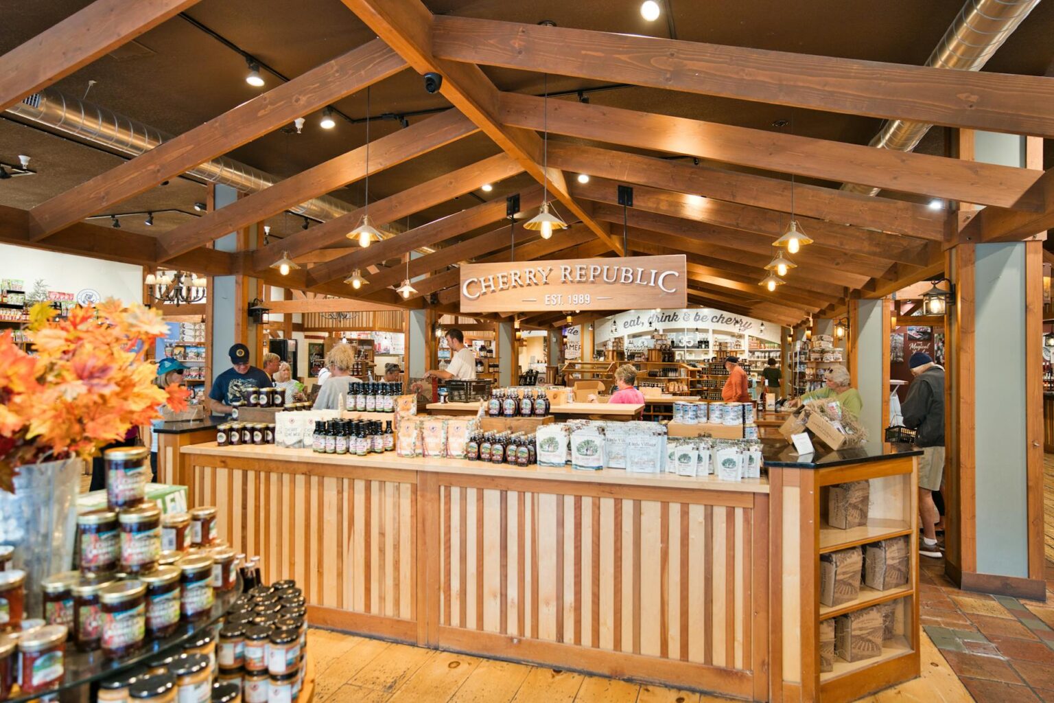 Modern retail store interior with customer service counter and shopping area