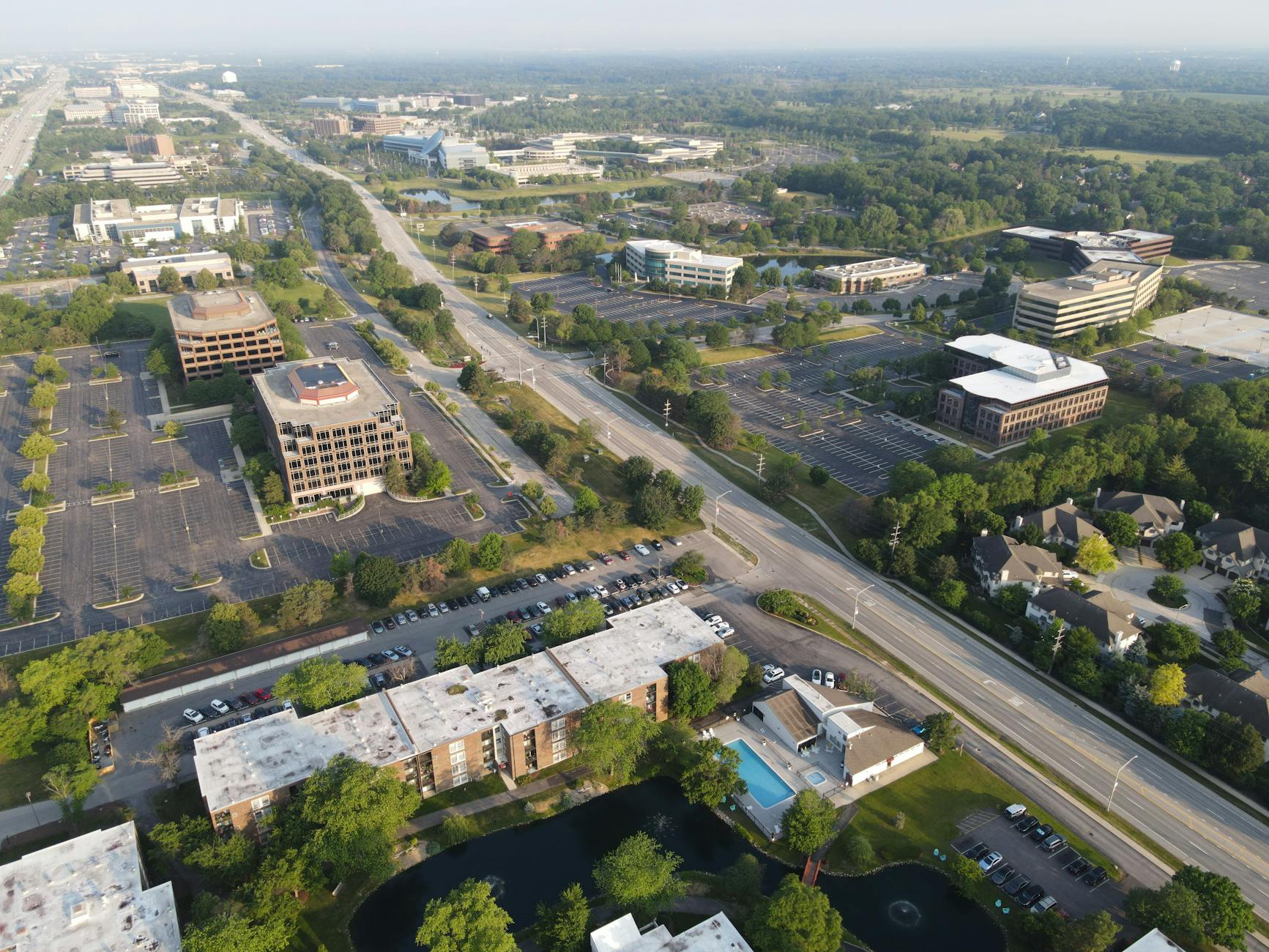 Low-rise suburban office building representing shift from urban to suburban commercial spaces