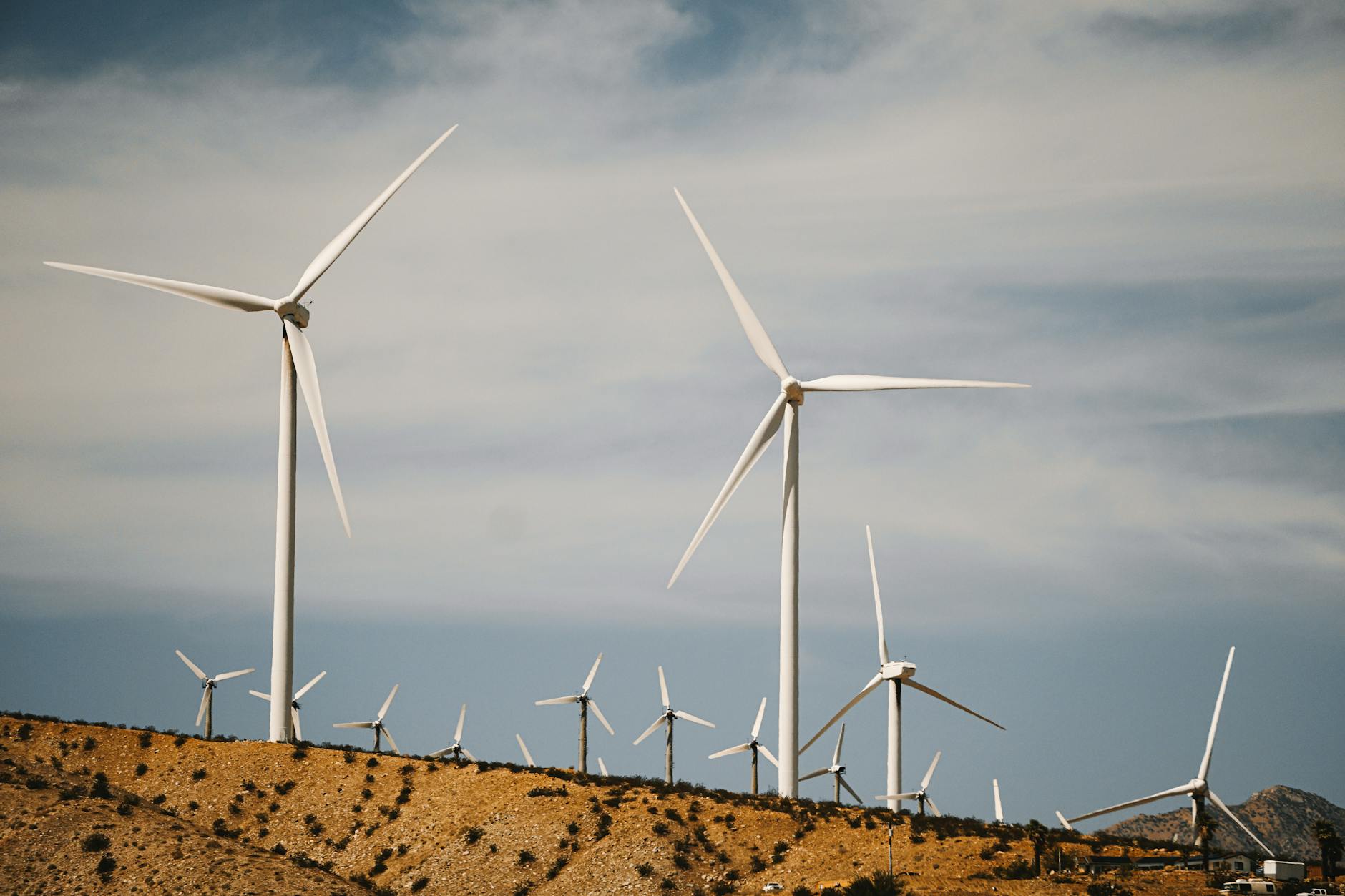 Modern wind turbines against blue sky representing renewable energy projects that generate carbon offset credits