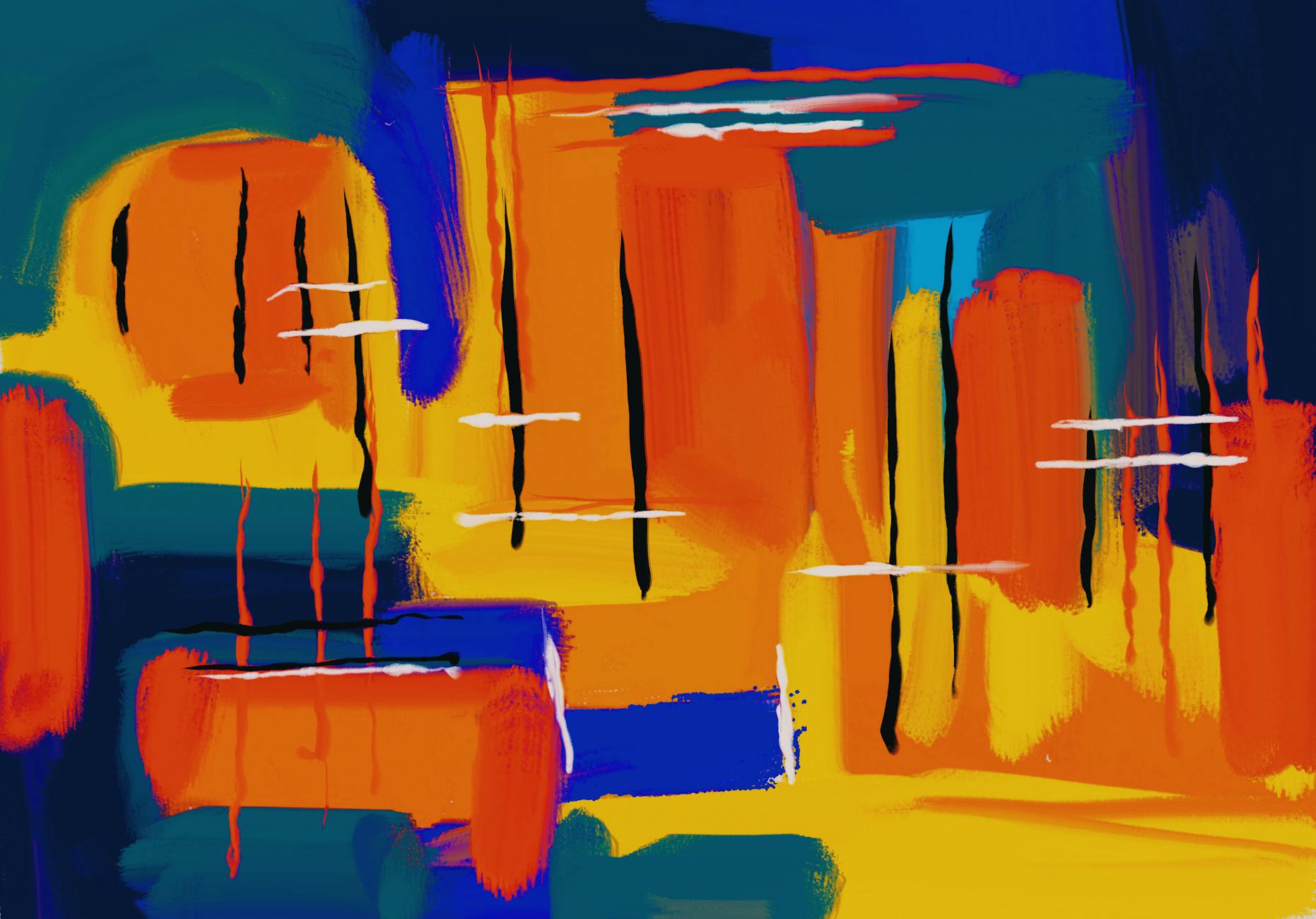 Contemporary abstract painting with vibrant colors hanging on wall