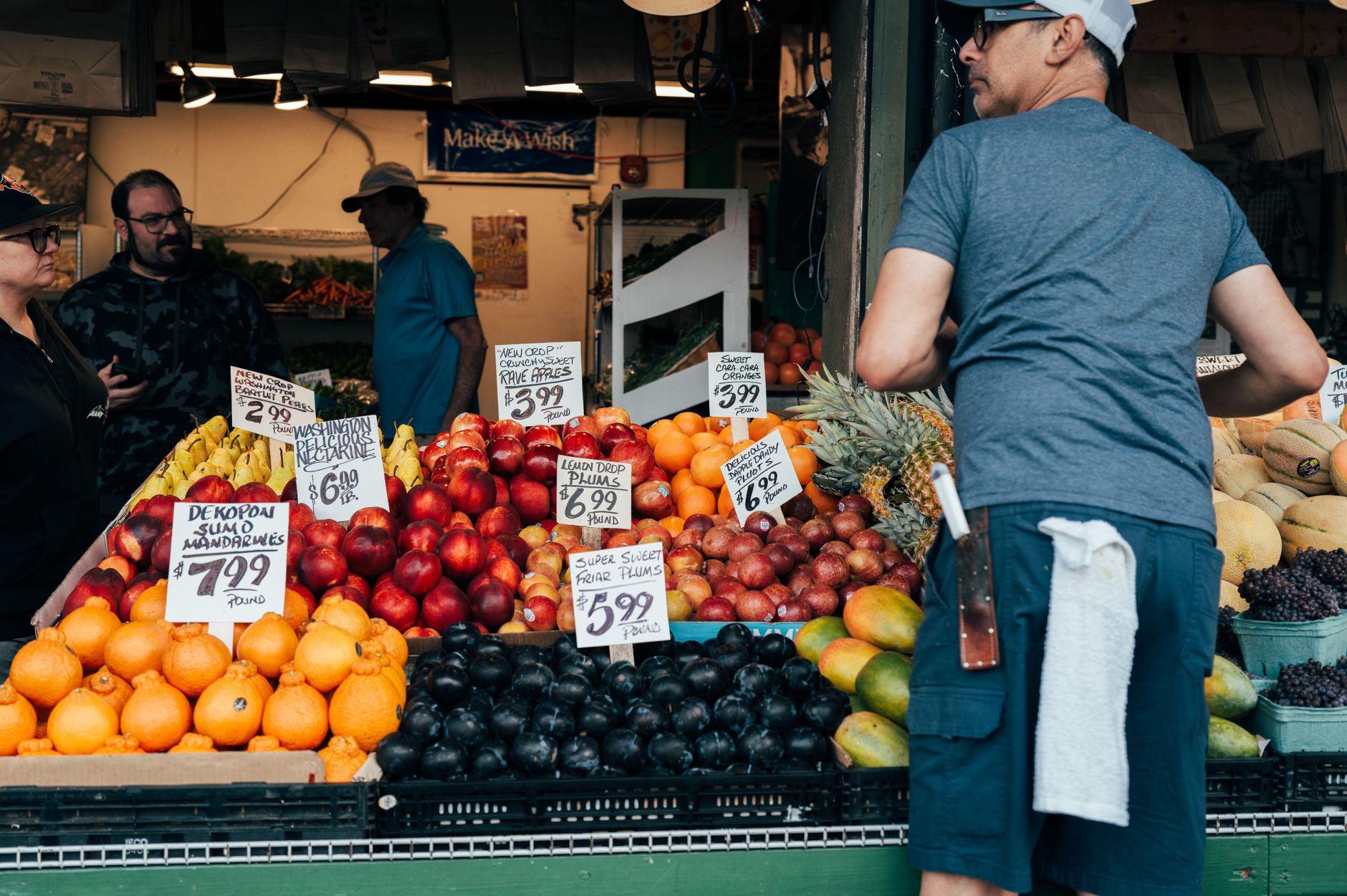 Price tags on fresh produce at a grocery market illustrating rising food costs