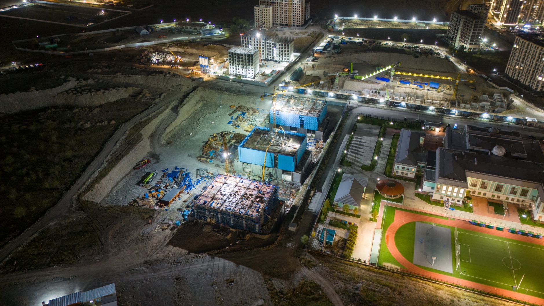 Aerial view of industrial warehouse buildings in a commercial park