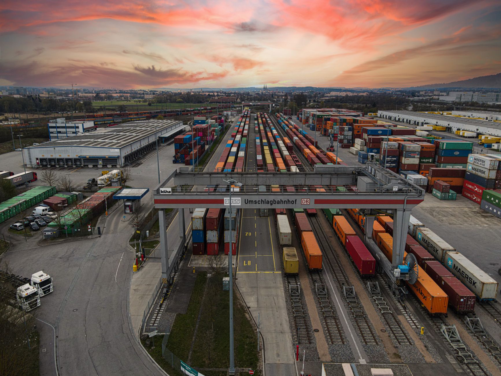 Aerial view of large logistics and distribution center complex