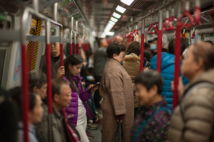 Commuters crowding a busy urban subway platform during morning rush hour