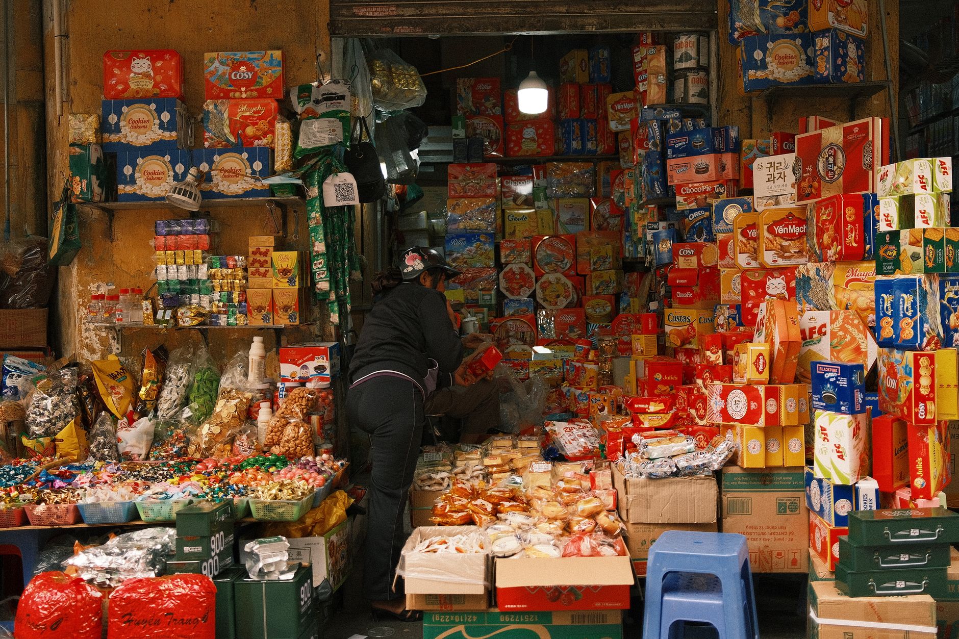 Various consumer food packages arranged on a surface showing product labeling