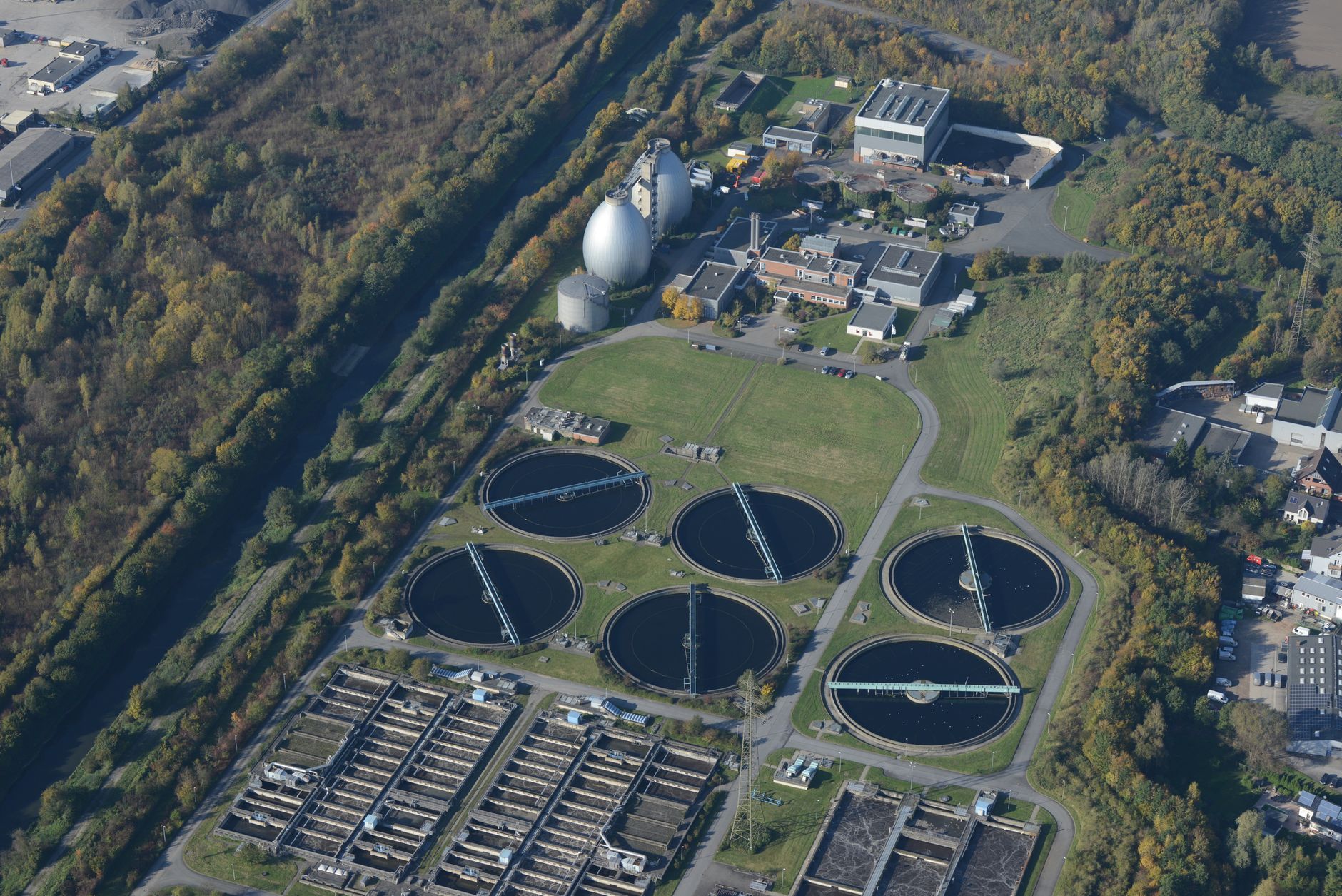 Municipal water treatment facility with filtration tanks and processing equipment