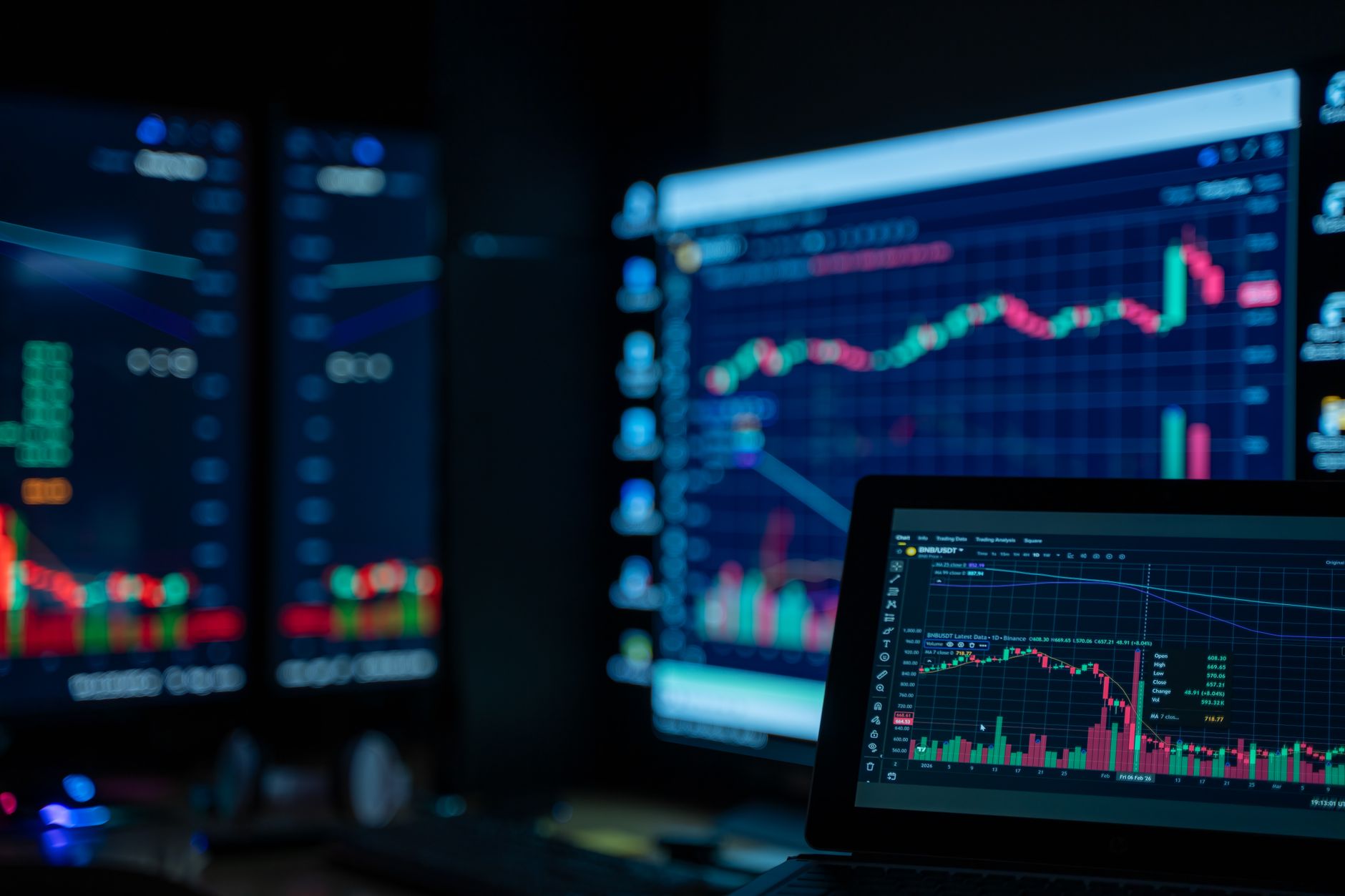 Financial graph showing declining margin trends on a trading screen