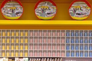 Wide aisle inside a warehouse club store stocked with bulk goods and pallets