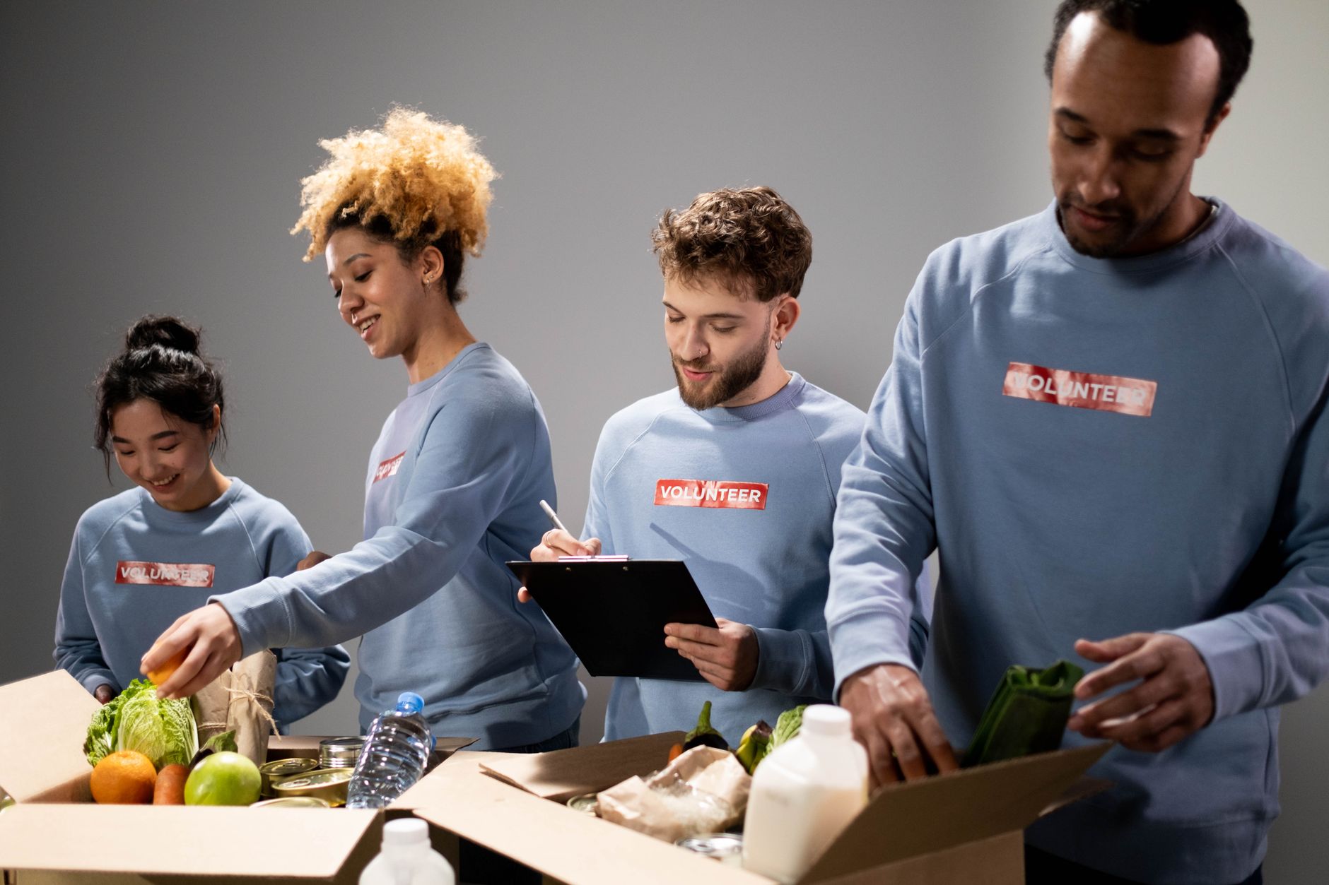 Volunteers organizing food donations at a community food bank