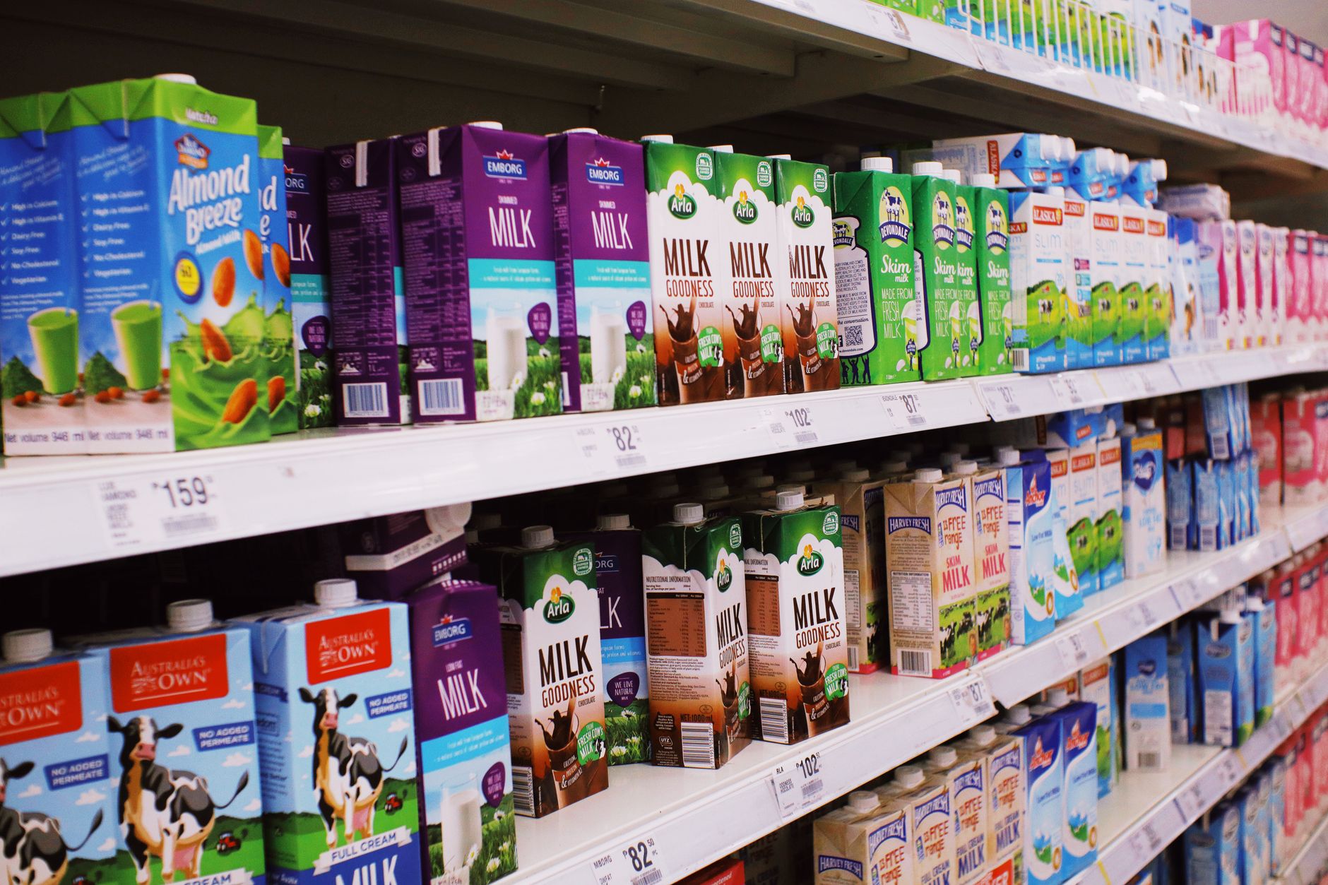 Close-up of grocery store shelves showing competing food product labels and pricing