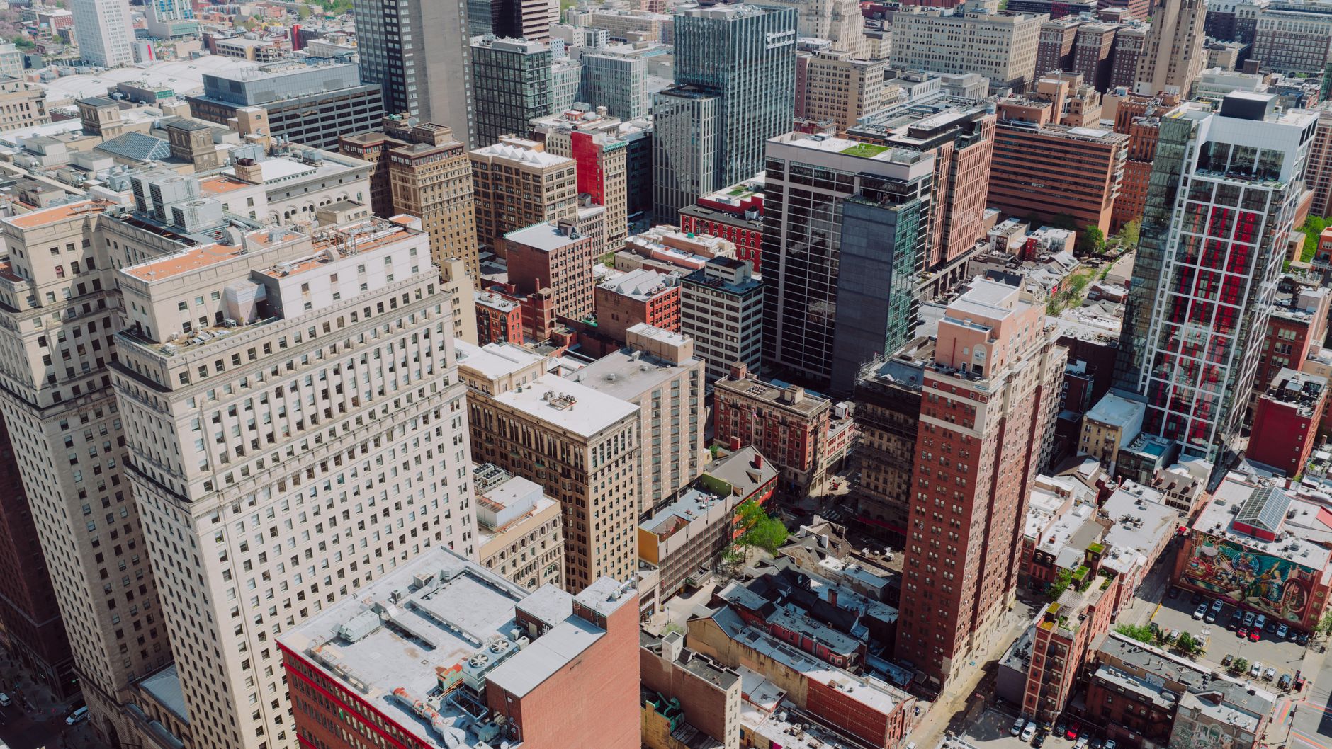 Row of commercial office buildings on a quiet downtown city street