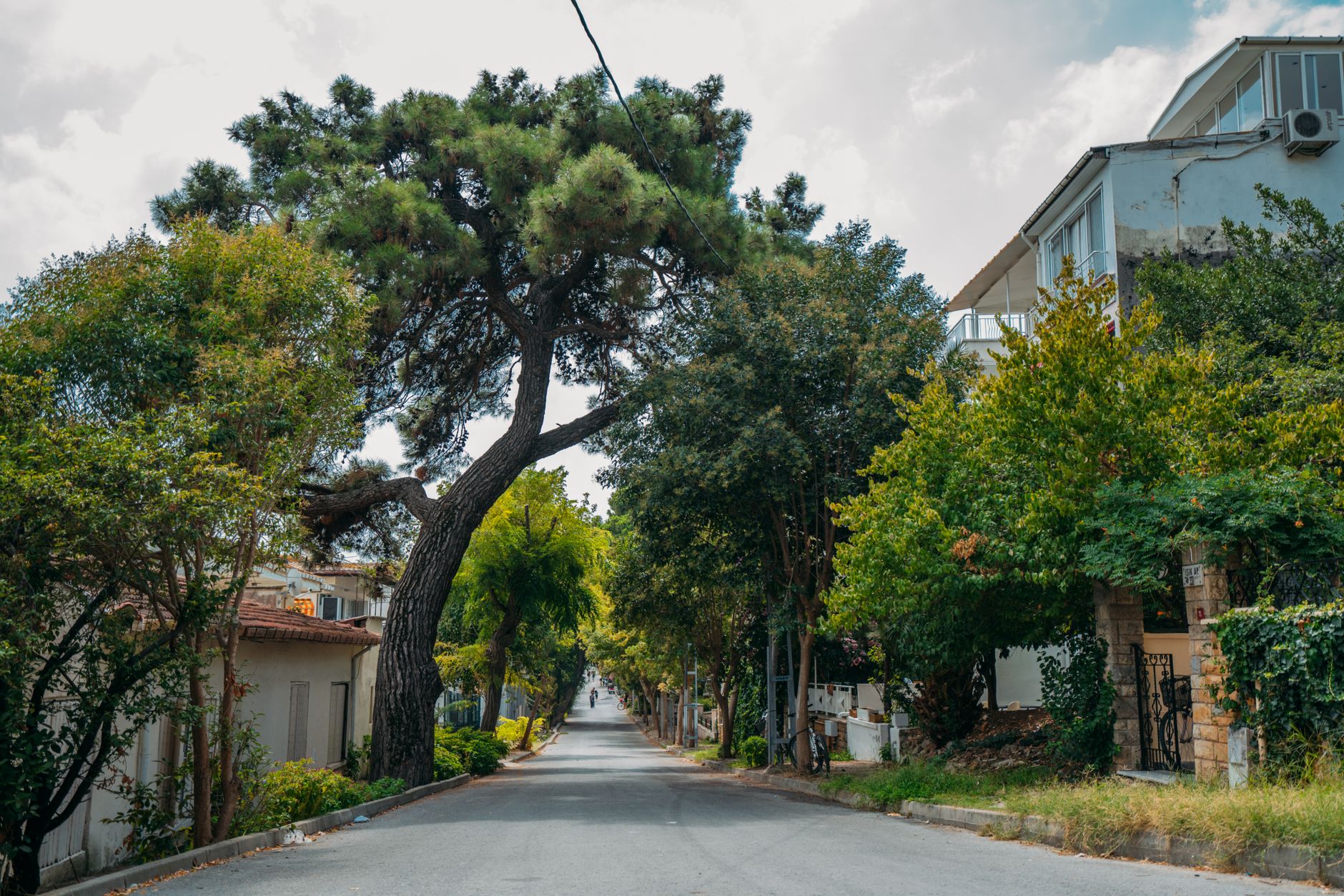 Low-income urban neighborhood street with closed storefronts