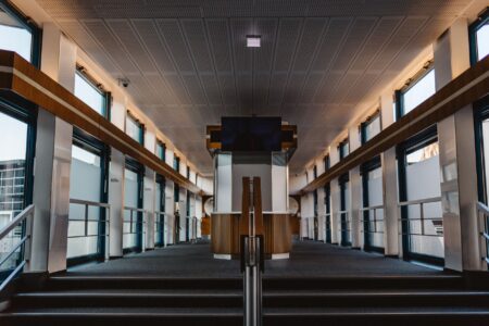 Interior of a community credit union branch with service counters and member seating area