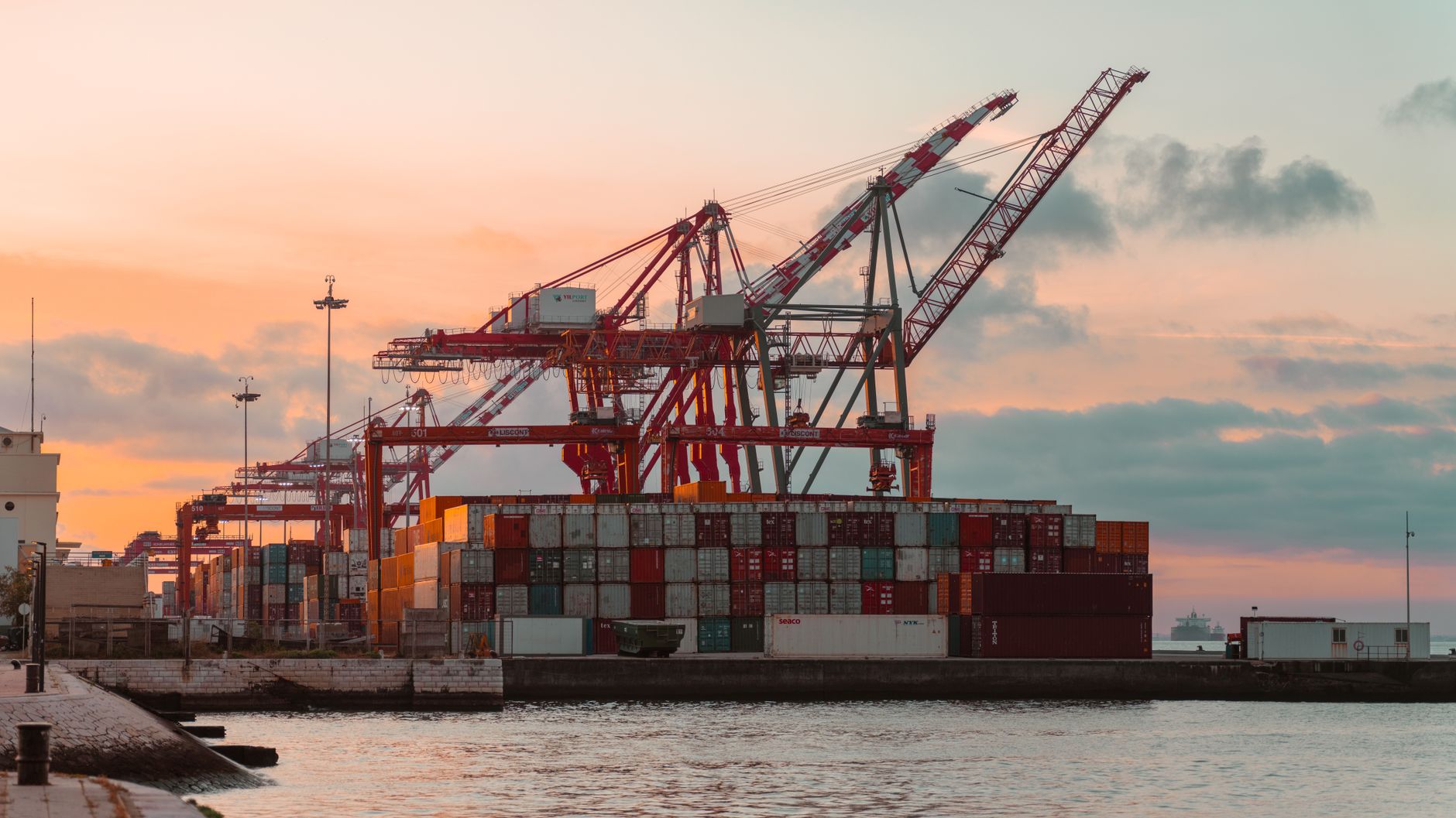 Large shipping cranes at a busy container port terminal