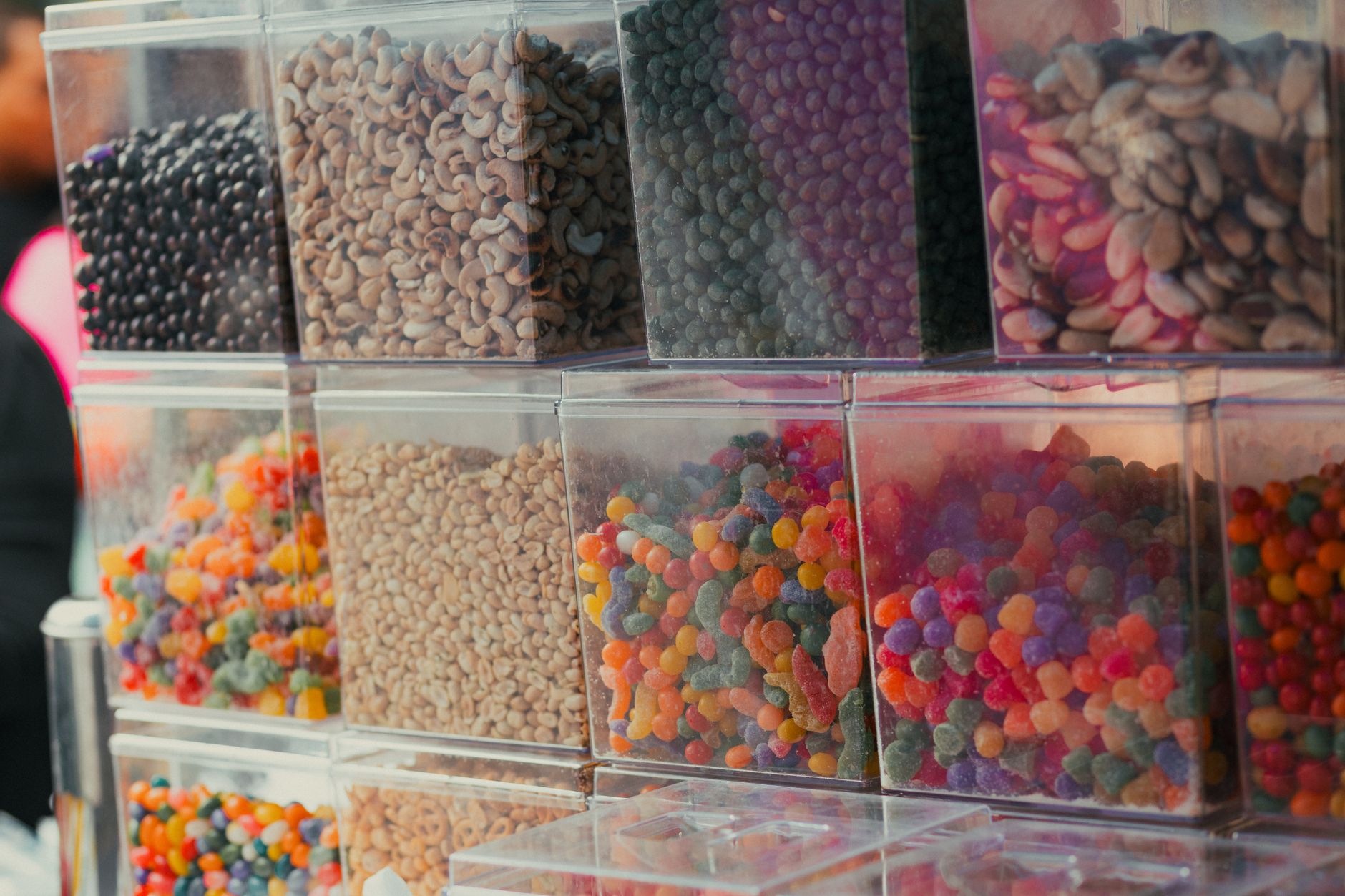 Rows of bulk dry goods bins at a grocery cooperative store