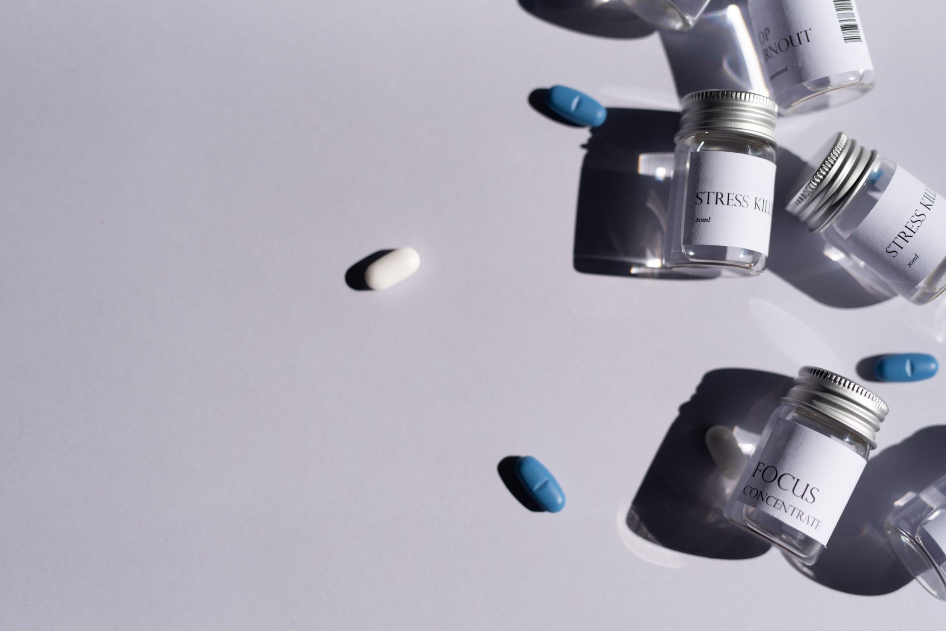 Close-up of specialty pharmaceutical drug bottles and prescription medications