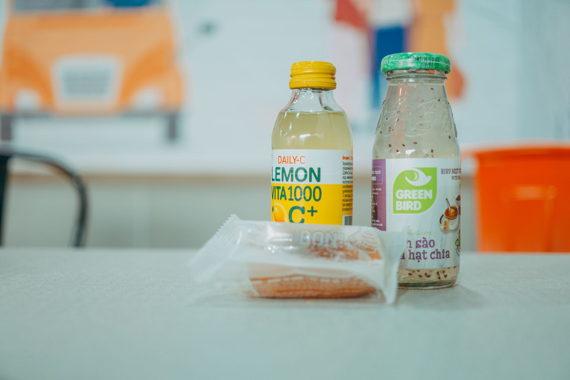 Close-up of packaged food products with nutrition and weight labels visible