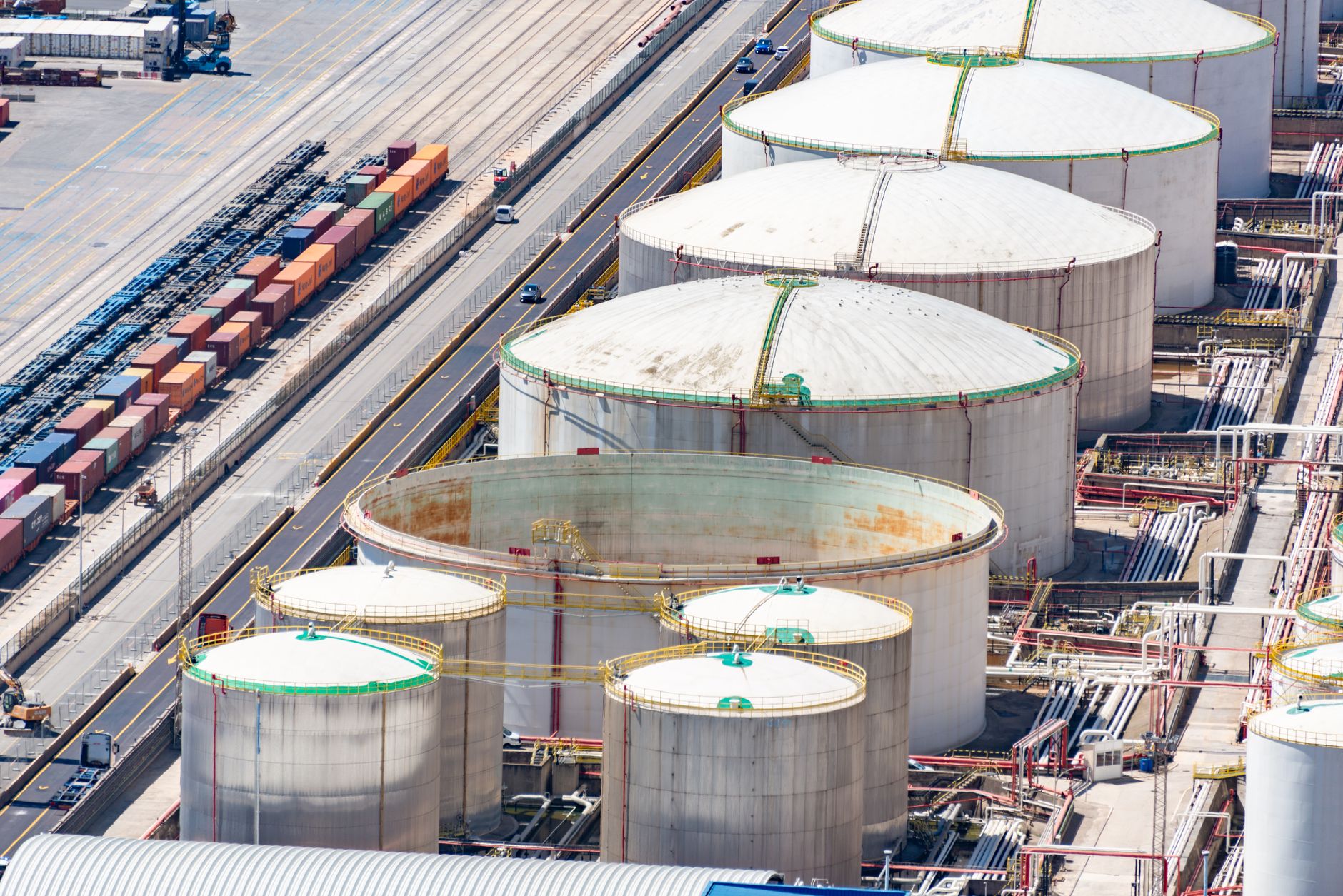 Industrial fuel storage tanks at a petroleum facility